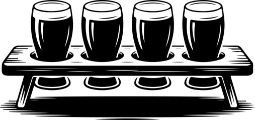 Black silhouette vector of a beer flight tray holding four small beer glasses in a row 