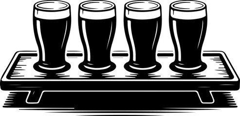 Black silhouette vector of a beer flight tray holding four small beer glasses in a row 