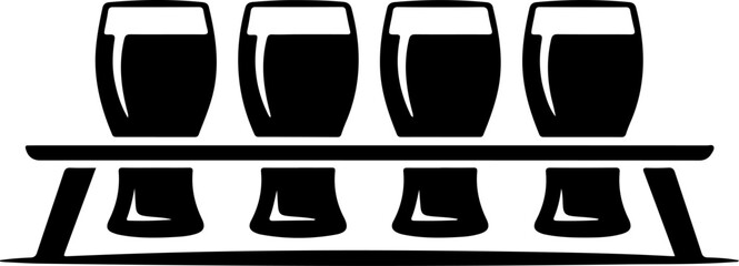 Black silhouette vector of a beer flight tray holding four small beer glasses in a row 