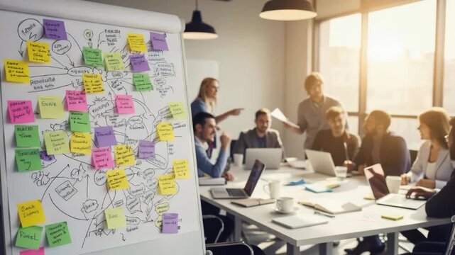 Creative team brainstorming in modern office with colorful sticky notes and mind map on whiteboard.