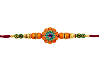 Vibrant indian rakhi bracelet with orange and gold flower medallion on white background