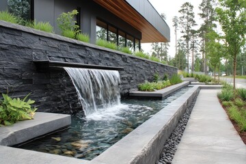 Modern landscaping with waterfall
