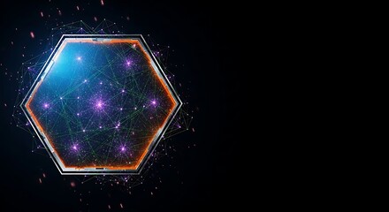 Abstract Hexagon Network: Futuristic Technology, Glowing Lines, Dark Background, Digital Connectivity, Modern Design, Sci-Fi Interface, Energetic, Vibrant, Innovation Concept.