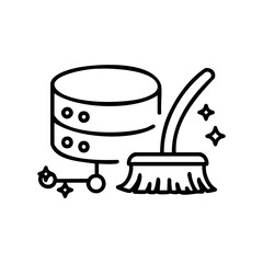 Database cleaning icon with broom and sparkles illustrating data maintenance &ndash; stock vector icon in line style