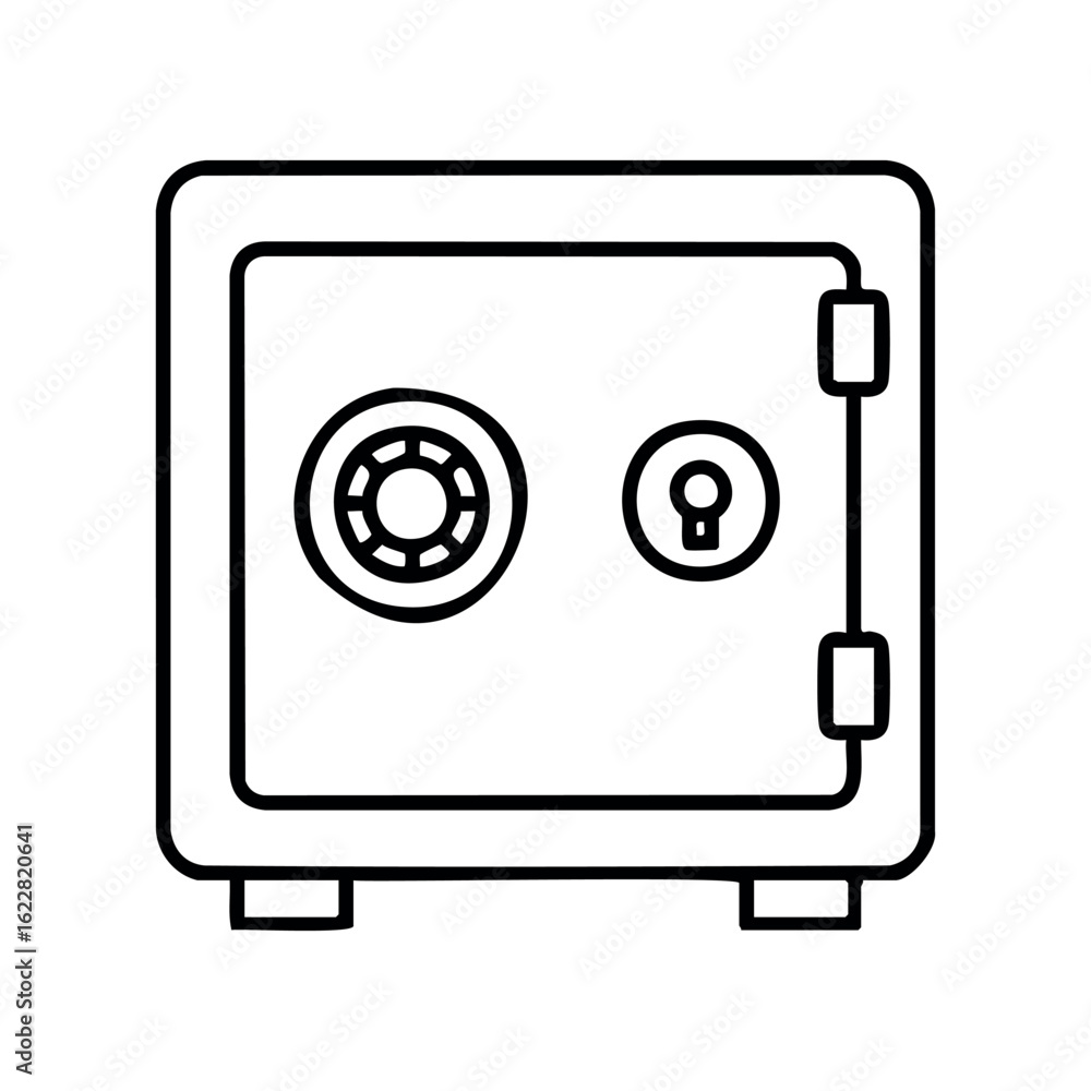 Poster secure metal safe with dial and keyhole for valuable storage – stock vector icon in line style