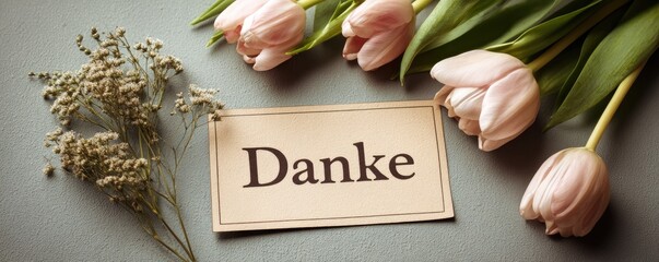 paper label with german word thank you on wooden background with tulips