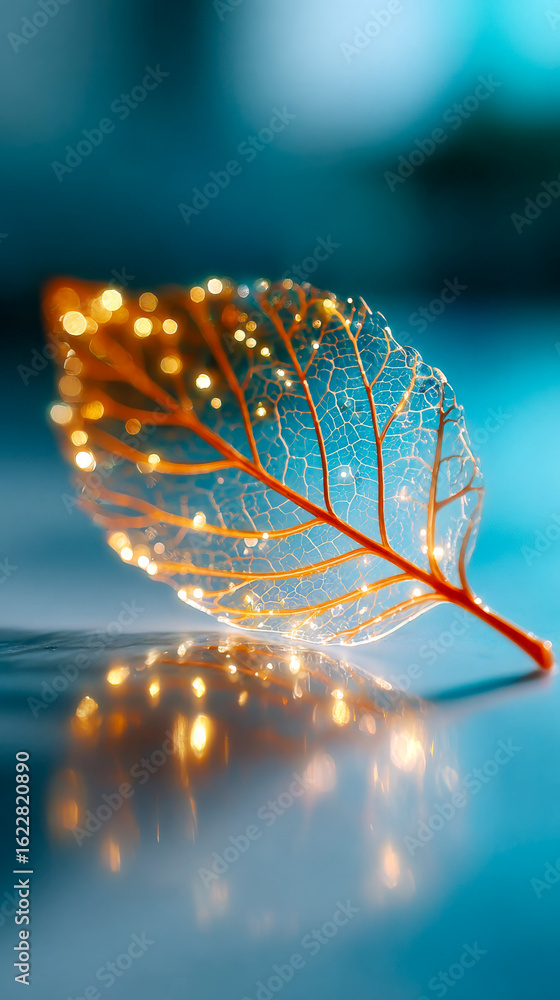 Poster delicate golden leaf skeleton glows with embedded lights, casting a dreamy reflection on a smooth bl