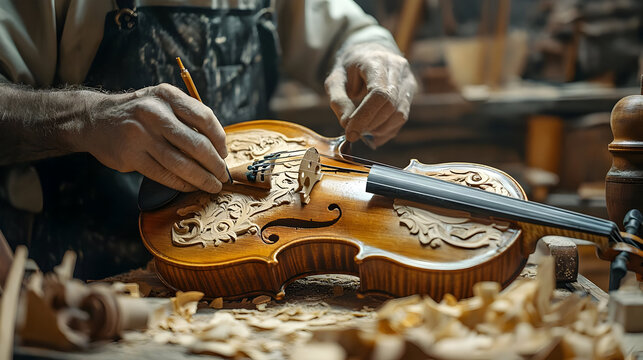 Intricate Violin Carving Workshop Illustration