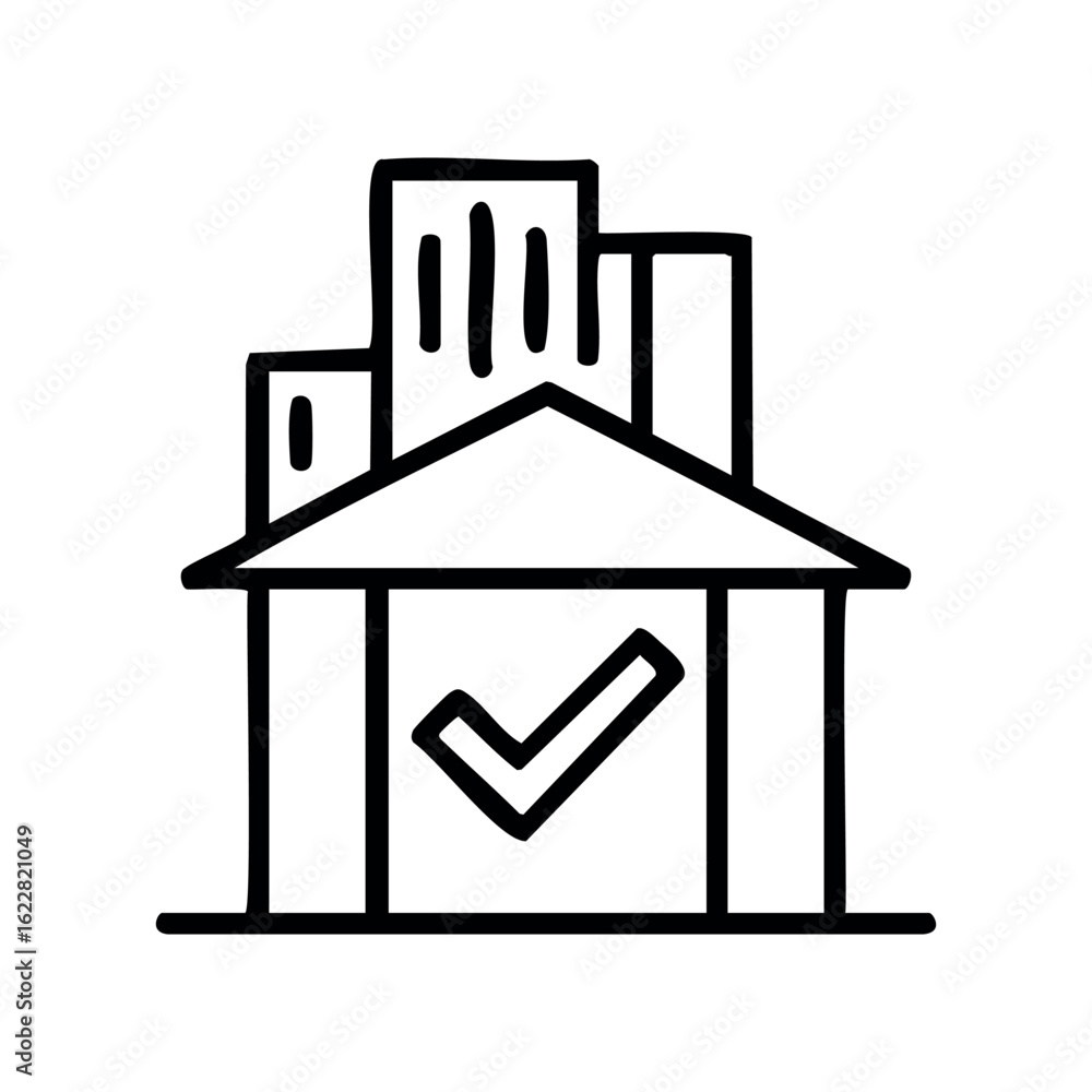 Poster line art of a house with check mark symbolizing approval or safety – stock vector icon in line style