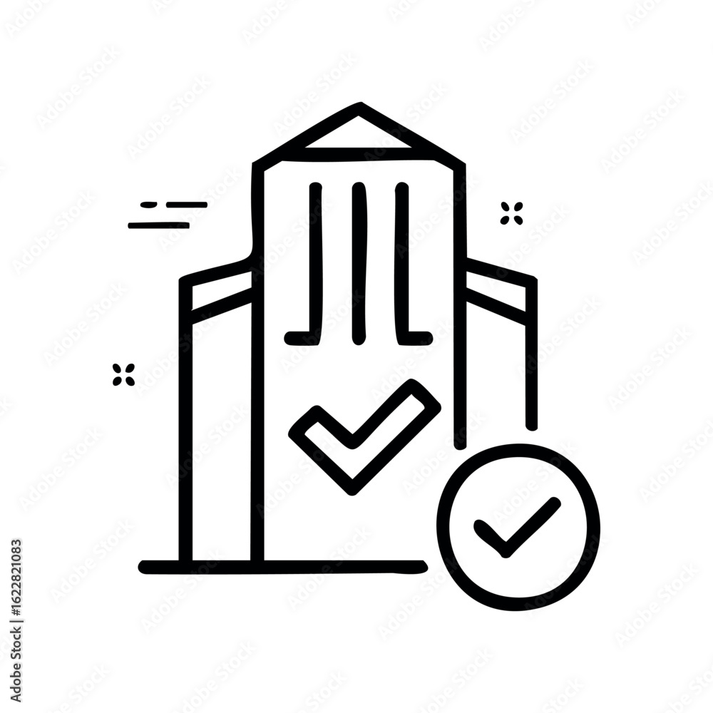 Poster abstract icon of building with check mark symbolizing approval or verification – stock vector icon i