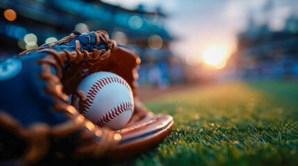 Close-up of a worn baseball glove holding a scuffed baseball under warm stadium lights during golden hour