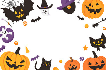 Fototapeta premium Whimsical halloween border with pumpkins bats ghosts and cats