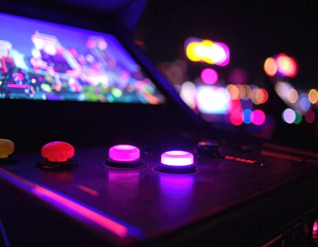 Close-up of illuminated arcade game controls in a brightly lit, nighttime setting.