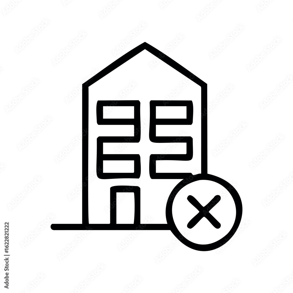Aufkleber minimalist outline of a building with a prohibition symbol – stock vector icon in line style