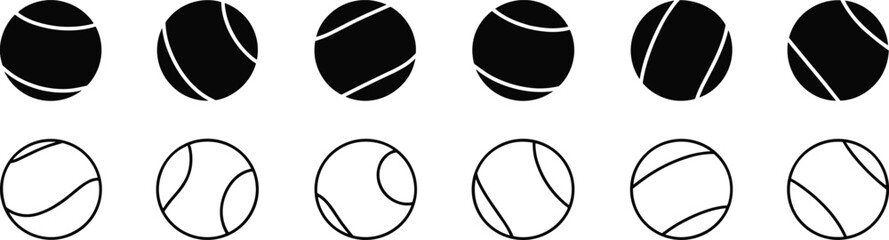 Tennis ball icon set, solid and outline versions, minimal flat style, sport equipment vector, clean graphic design elements collection
