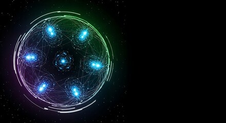 Obraz premium Abstract Global Network: Futuristic Sphere, Neon Green and Blue, Dark Background, Digital Connectivity, Technology Concept.