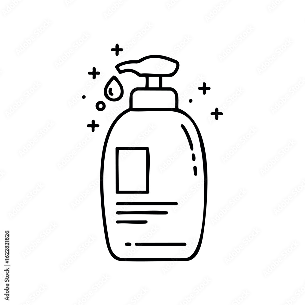 Aufkleber simple line drawing of a liquid soap dispenser with drop and sparkles – stock vector icon in line st