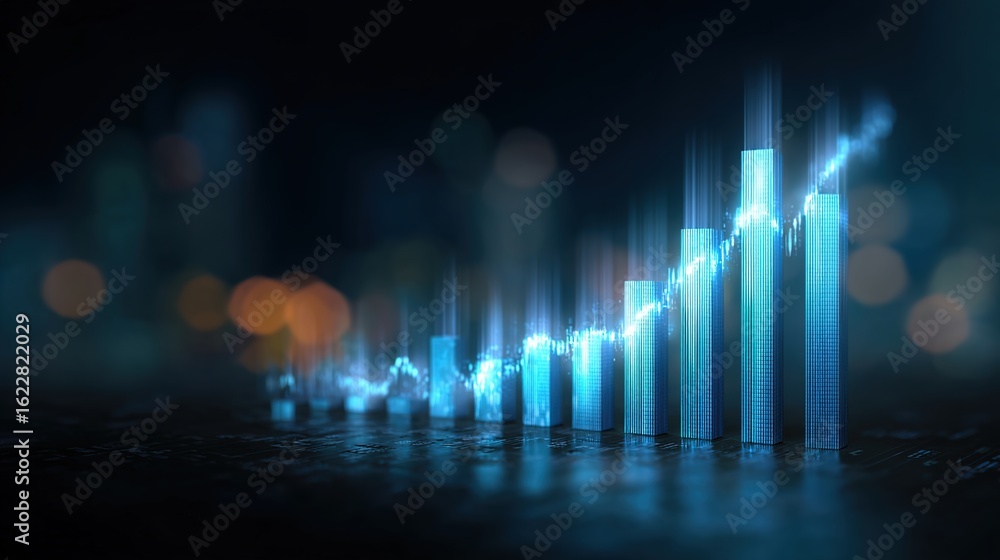 Poster ascending graph: an abstract representation of a growth graph, bathed in ethereal blue light against