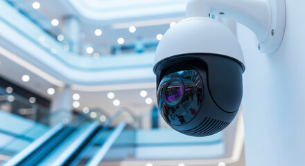 Modern security camera mounted on a wall in a shopping mall setting providing surveillance and public safety