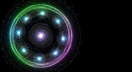 Abstract Neon Orb: Futuristic Technology, Network Connectivity, Global Innovation, Bright Color Palette, Dark Background.