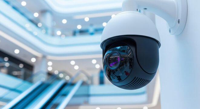 Modern security camera mounted on a wall in a shopping mall setting providing surveillance and public safety