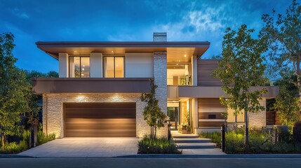 Modern Suburban House at Dusk with Warm Window Lights and Serene Twilight Architectural Silhouette