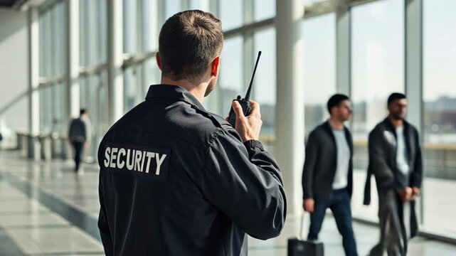 Security officer using walkie talkie inside modern building during patrol with copy space.