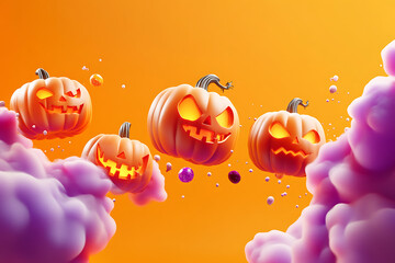Spooky jack o lanterns floating amidst purple clouds on orange background