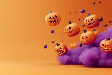 Spooky halloween jack o lanterns floating above a purple cloud