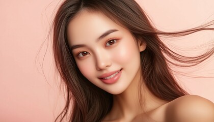 Obraz premium Asian Woman Gleaming With Impeccable Clean And Healthy Skin, Along With Gorgeous Long Brown Hair. Charming Female Model With Flawless Skin And Expressive Facial Expressions. Cosmetology At Its Best.