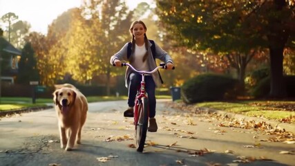 Cinematic Autumn Morning: Child Cycling with Dog on Leaf-Covered Suburban Street, Tracking Shot