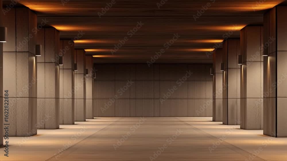 Poster modern architectural interior featuring symmetrical columns and warm lighting in an empty space