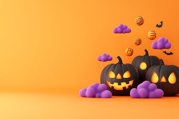 Spooky halloween pumpkins and purple clouds on orange background