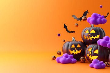 Spooky halloween pumpkins with bats and purple clouds on orange background