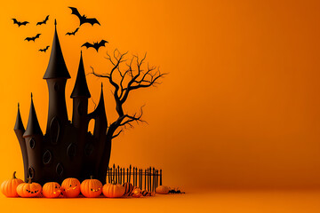 Spooky halloween castle scene with bats and pumpkins