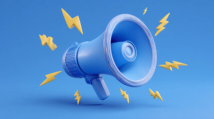 Blue megaphone surrounded by yellow lightning bolts, conveying communication and energy in a vibrant, modern style. Symbol of announcement.