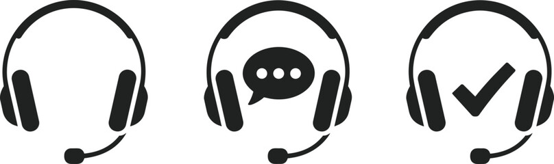 Customer support headset icon set, communication service symbol, call center assistance, flat vector illustration with chat, check, microphone design