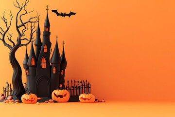 Spooky halloween castle scene with pumpkins and bat