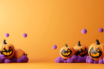 Cute halloween pumpkins with purple accents on orange background