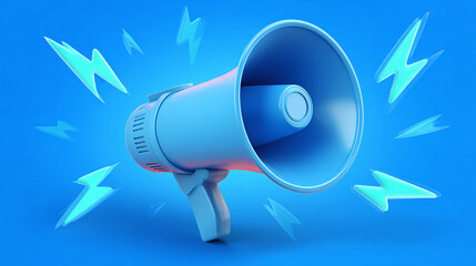 A blue megaphone surrounded by lightning bolts. 3D render on a gradient blue background, symbolizing impactful communication and outreach.