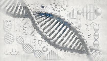 Sketch-style illustration of a DNA molecule, showcasing its double-helix structure