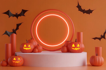 Spooky halloween scene with jack o lanterns and flying bats