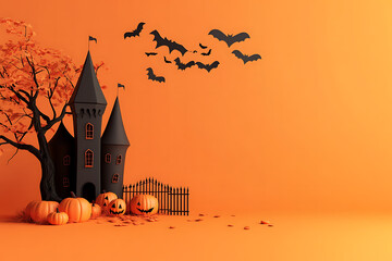 Spooky halloween castle with bats and pumpkins on an orange background