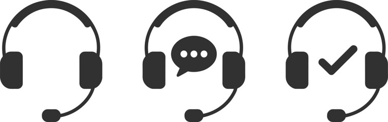 Customer service headset icon set, technical support, communication tool, operator assistance, vector symbol, call center design, chat help solution