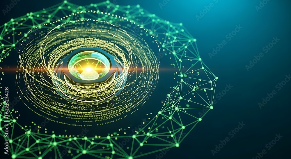 Poster abstract futuristic technology: green network sphere with glowing particles and data connections, di