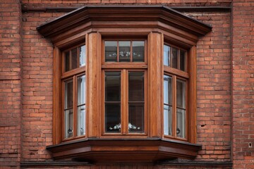 Brown wooden trim on a bay window with small panes of glass. Wood frame around the windowsill. Red bricks outside the house walls, an exterior view of the home. Eco-friendly solid oak window frames