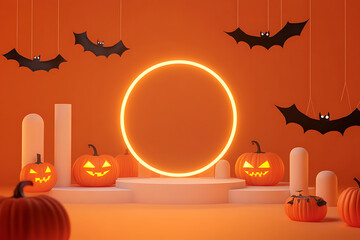Glowing neon oval stage with halloween pumpkins and bats
