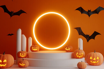 Spooky halloween scene with glowing neon oval and jack o lanterns