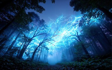 Mystical forest illuminated by lightning