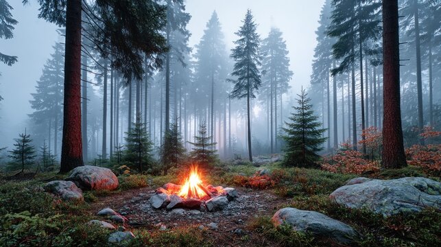 Misty forest campfire